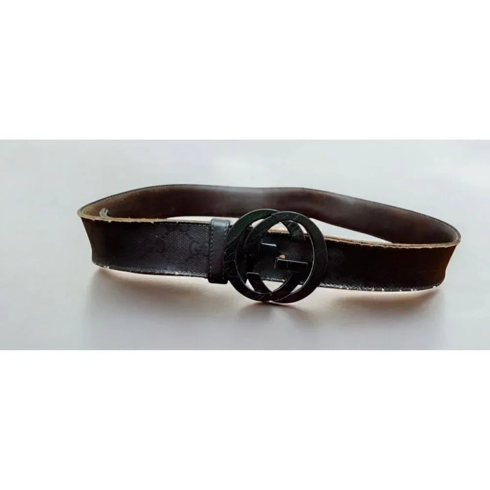 Gucci Black Shiny Imprime Belt With Black Interlinking GG Buckle